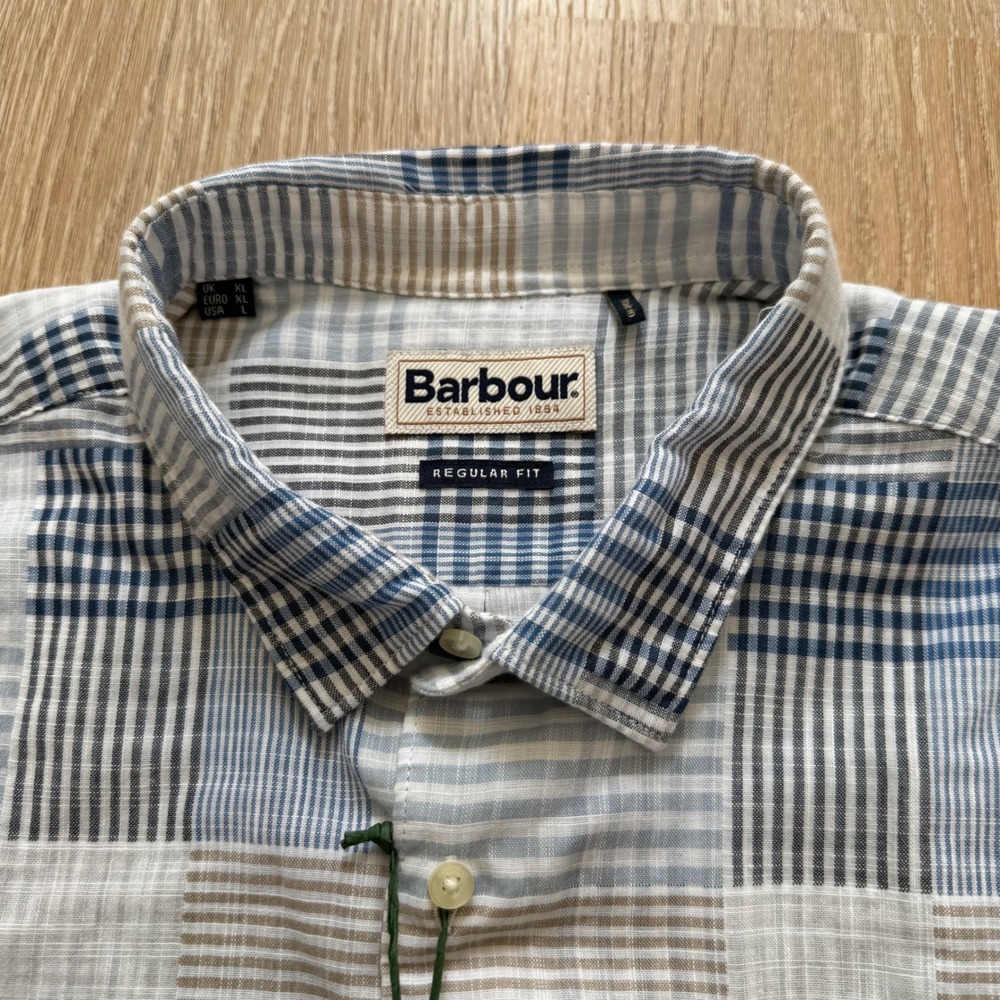 Barbour Oakshore Summer Shirt Mens L Sky Blue Tan Patchwork Plaid 100% Cotton - Picture 4 of 10